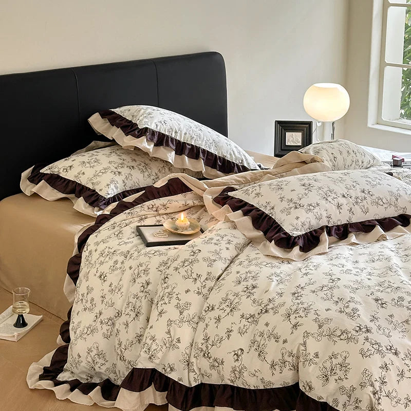 Afralia™ Vintage Floral Cotton Ruffles Princess Bedding Set with Double Layer