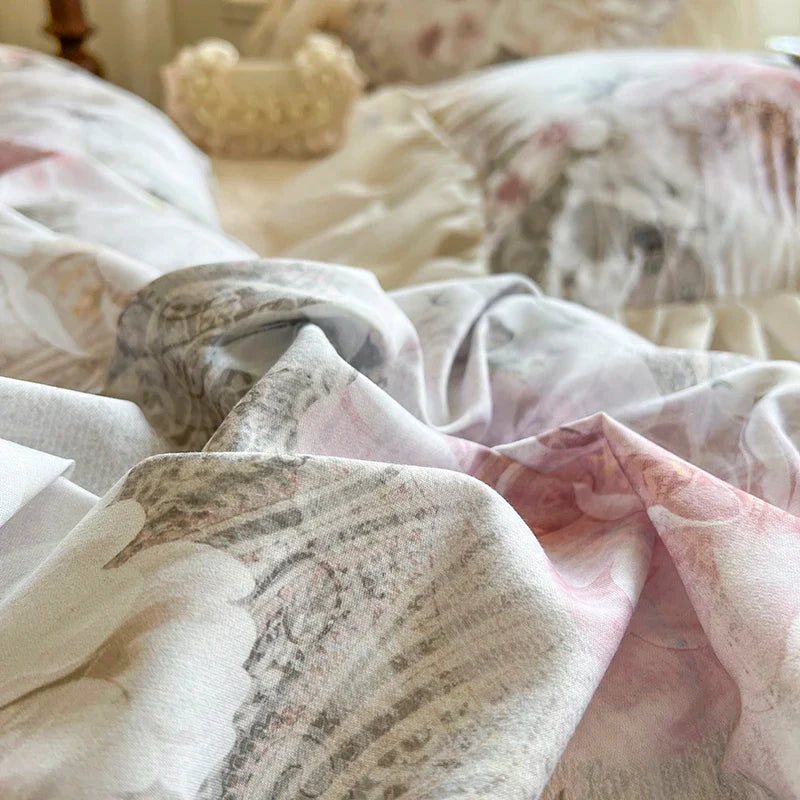Afralia™ French Vintage Lace Princess Bedding Set with Floral Print Quilt Cover