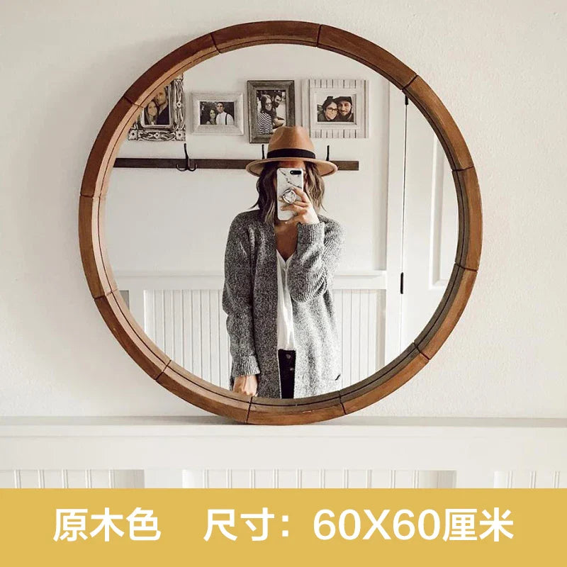 Afralia™ Wooden Round Decorative Mirror with Storage Rack