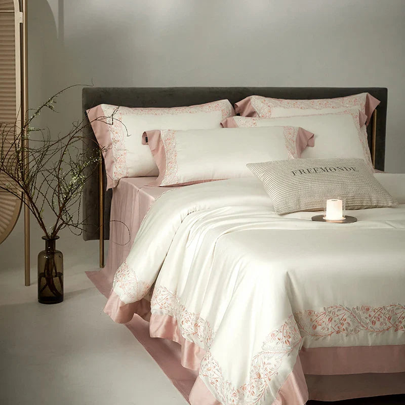 Afralia™ Silky Eucalyptus Cotton Embroidery Bedding Set with Duvet Cover, Sheet, Pillowcases
