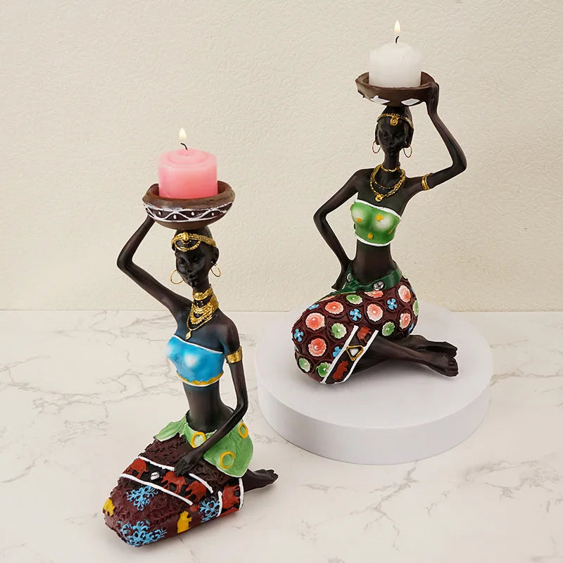 Afralia™ Exotic Black Woman Candlestick Figurine: Elegant African Resin Decor for Dining Table