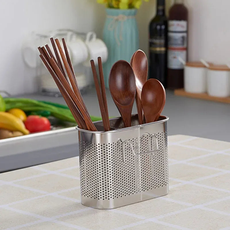 Afralia™ Stainless Steel Kitchen Tableware Organizer with Hooks & Cutlery Drainer Shelf