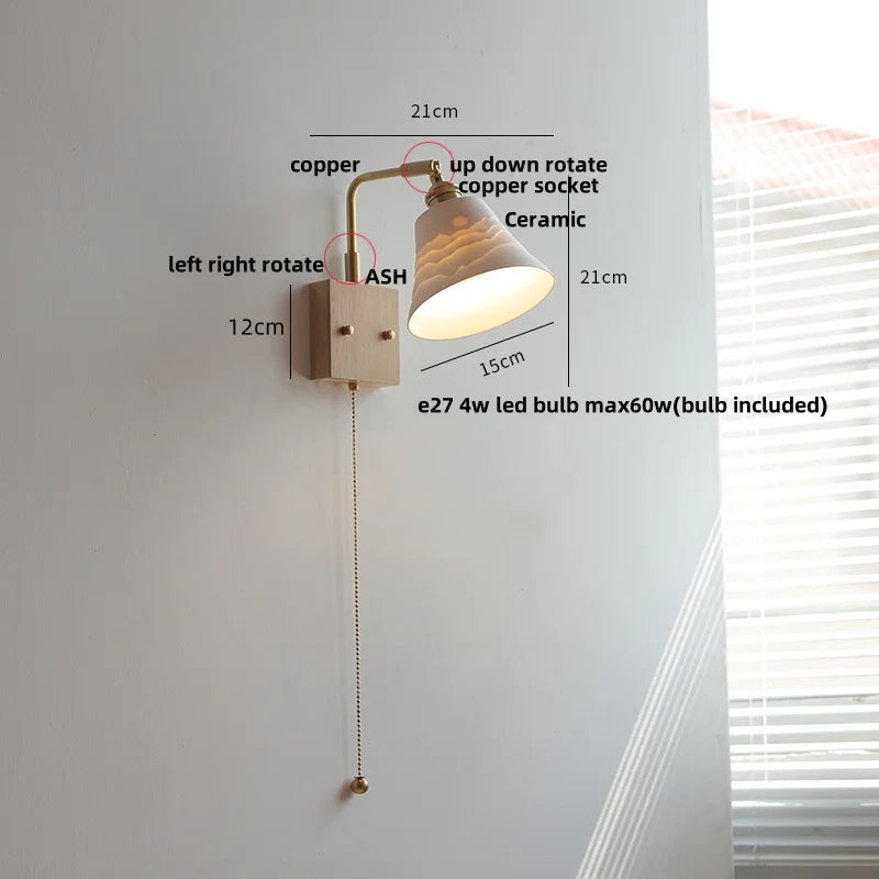 Afralia™ Nordic LED Walnut Wood Wall Lamp with Rotating Ceramic Copper Pull Chain Switch