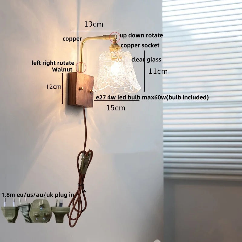 Afralia™ Clear Glass LED Wall Light Walnut Bedside Lamp Modern Rotatable Brass Wall Lights