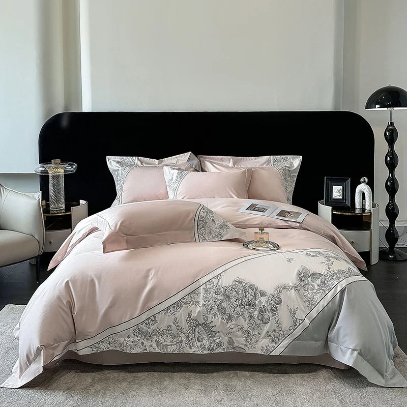 Afralia™ Luxe Butterfly Flowers Embroidery Bedding Set with Duvet Cover Sheet Pillowcases 4Pcs