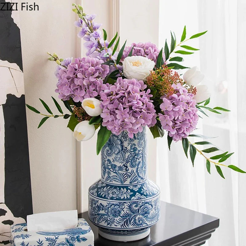 Blue & White Porcelain Vase with Flower & Bird Patterns by Afralia™: Elegant Table Decoration & Plant Pot
