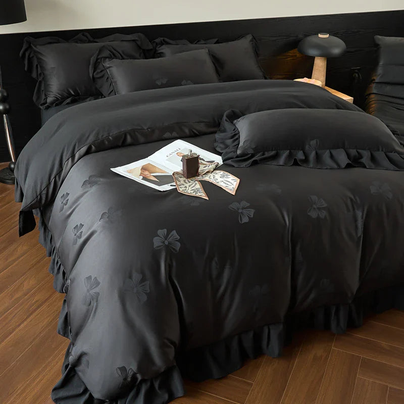 Afralia™ Princess Ruffles Bow Jacquard Cotton Bedding Set with Duvet Cover, Sheet, Pillowcases
