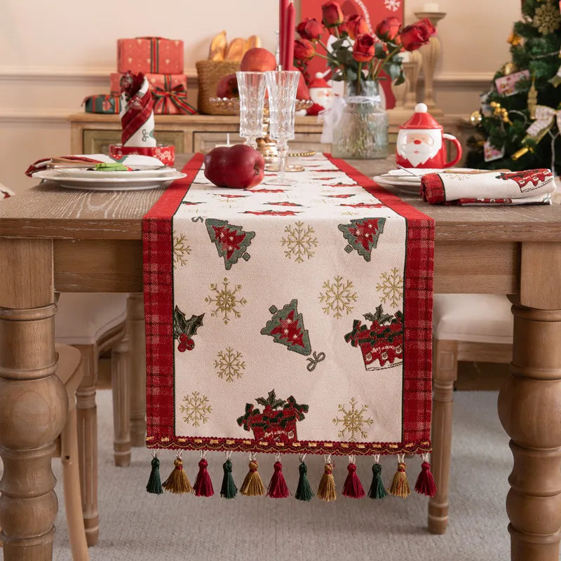 Afralia™ Christmas Cartoon Jacquard Table Runner with Embroidered Tassel - Festive Dining Room Decor