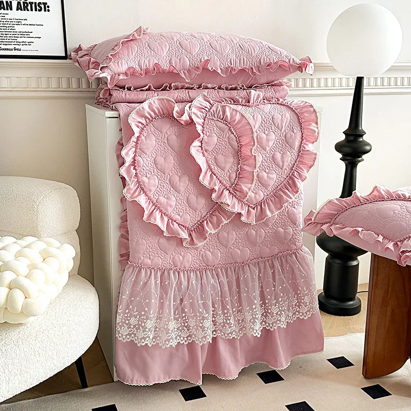 Afralia™ Korean Princess Style Bedding Set with Lace Ruffles and Love Theme