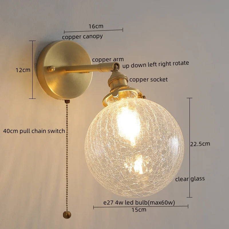 Afralia™ Copper Glass Knob Switch LED Wall Light, Nordic Modern Bedside Lamp