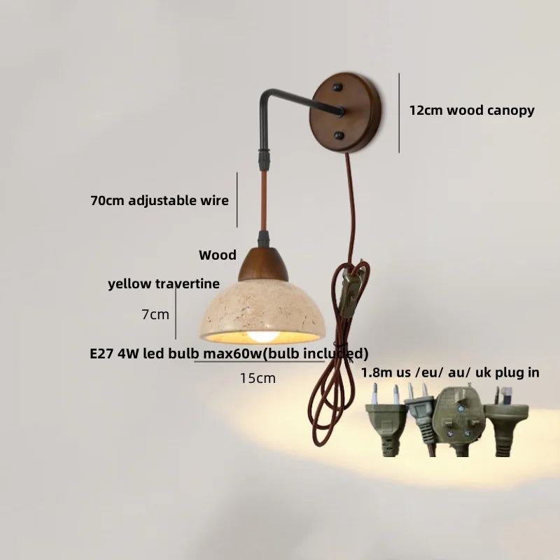 Afralia™ Wood Canopy LED Wall Sconce Yellow Travertine Stone Nordic Modern Light