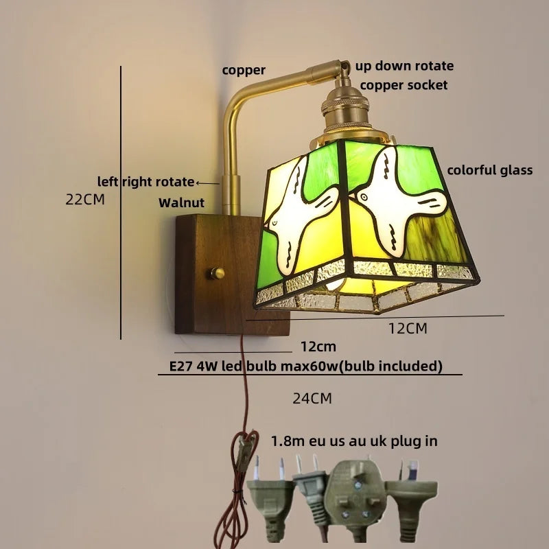 Afralia™ Amber Glass LED Wall Sconce with Walnut Wood, Pull Chain Switch for Living Room