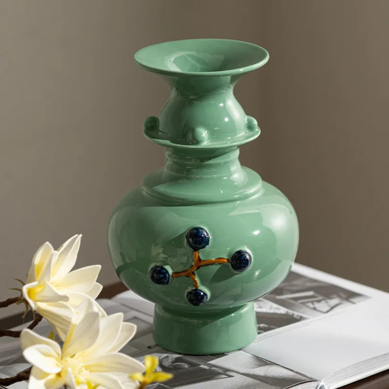 Afralia™ Chinese-style Retro Ceramic Vase, Handmade Relief Pot Flower Vase for Home Decor