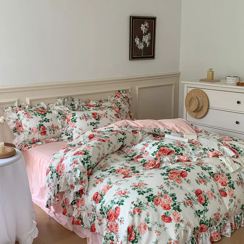 Afralia™ French Vintage Rose Print Bedding Set with Lace Ruffles and Linen Details