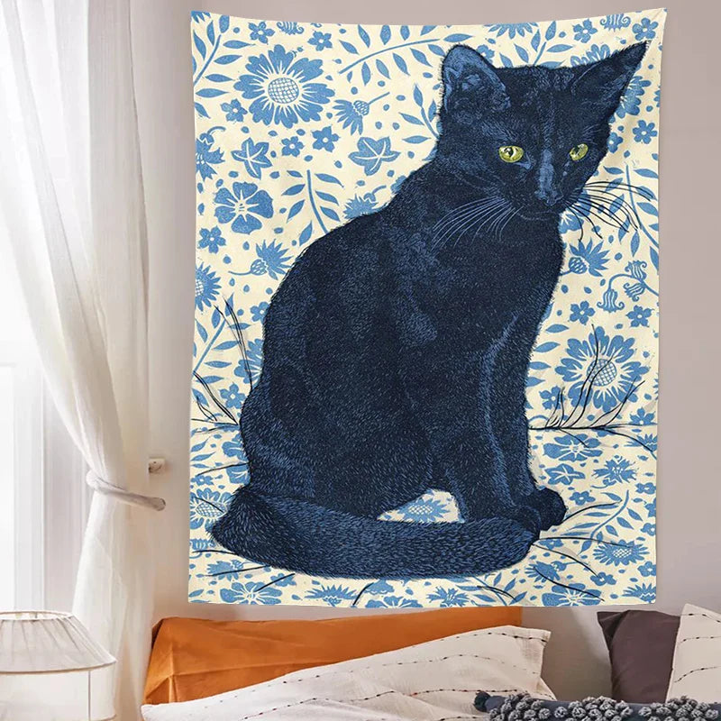 Afralia™ Black Cat Tapestry Wall Hanging: Tarot Witchcraft Baphomet Occult Home Decor