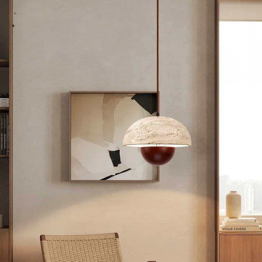 Afralia™ LED Pendant Lights Bar Decor Yellow Travertine Stone Wood Hang Lamp