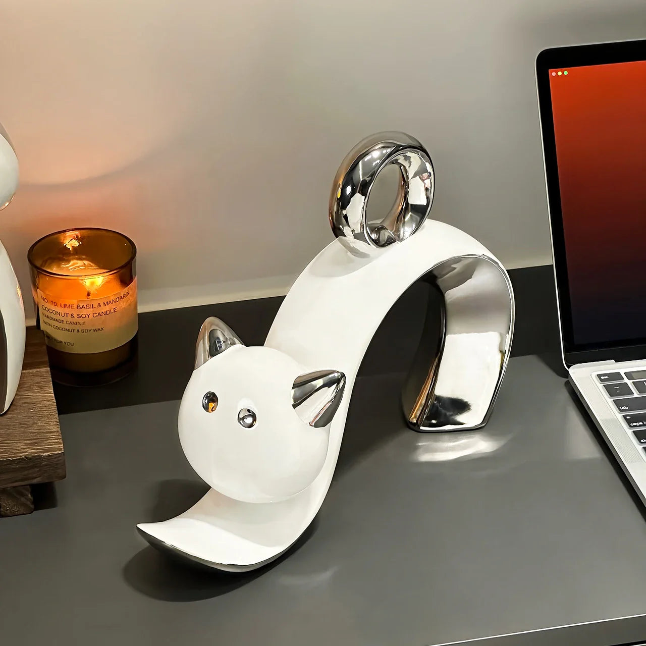 Afralia™ Ceramic Cat Figurines: Adorable Cartoon Silver Little Cat Sculpture for Home Decor