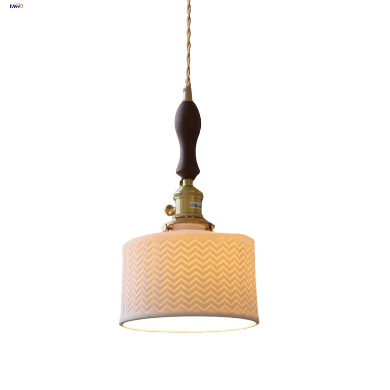 Afralia™ Nordic Walnut Wood LED Pendant Light with White Ceramic Shade & Copper Knob Switch