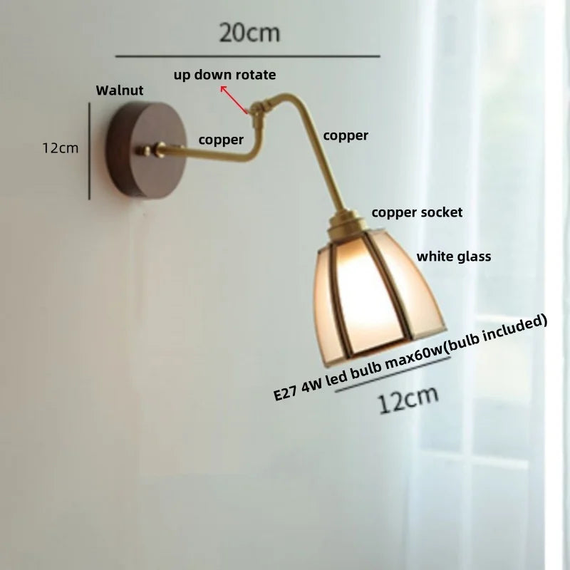Afralia™ Clear Glass LED Wall Sconce Pull Chain Switch Rotate Arm Walnut Wood Stair Light