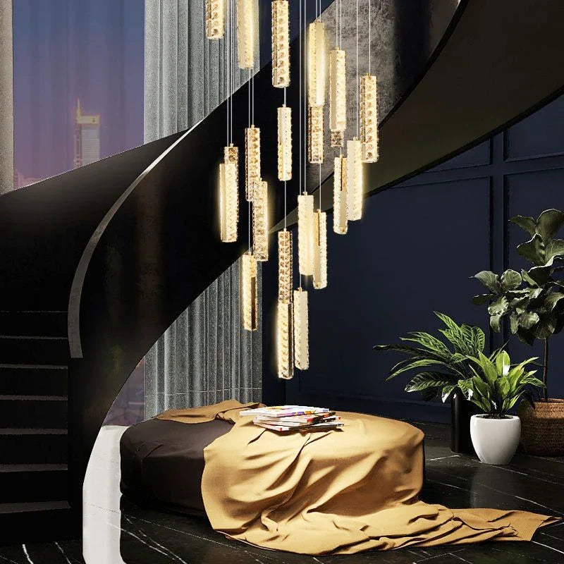 Afralia™ Luxury Crystal LED Chandelier for Modern Living Room and Spiral Staircase