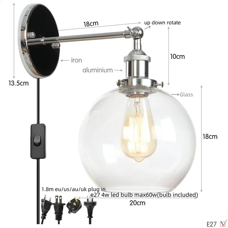 Afralia™ Vintage Globe Glass LED Wall Lamp for Living Room Porch Industrial Bedside
