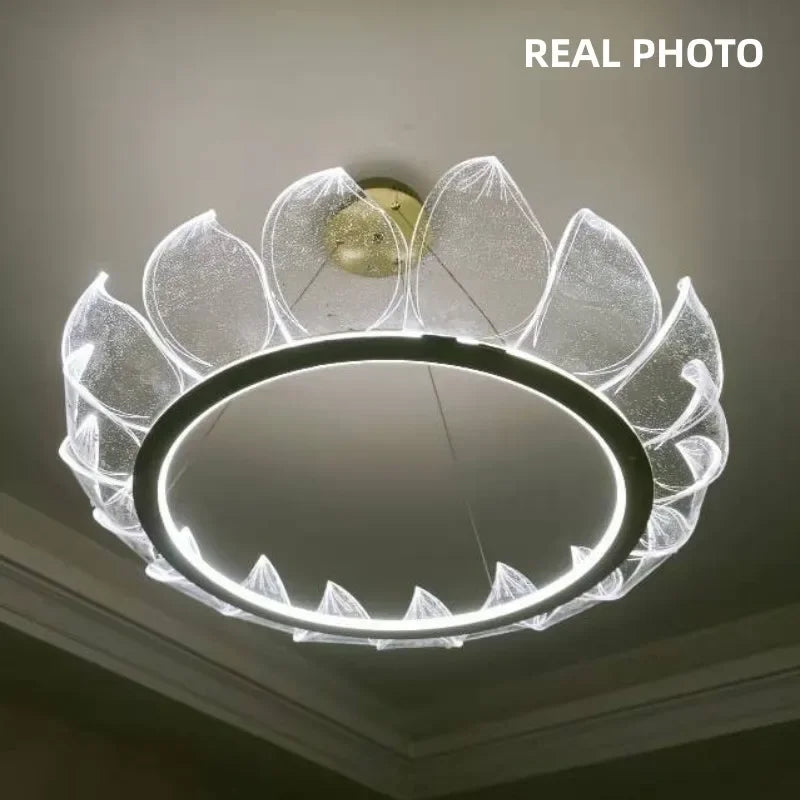 Afralia™ Lotus Acrylic LED Chandelier Gold Suspend Lamp for Living Room Lighting