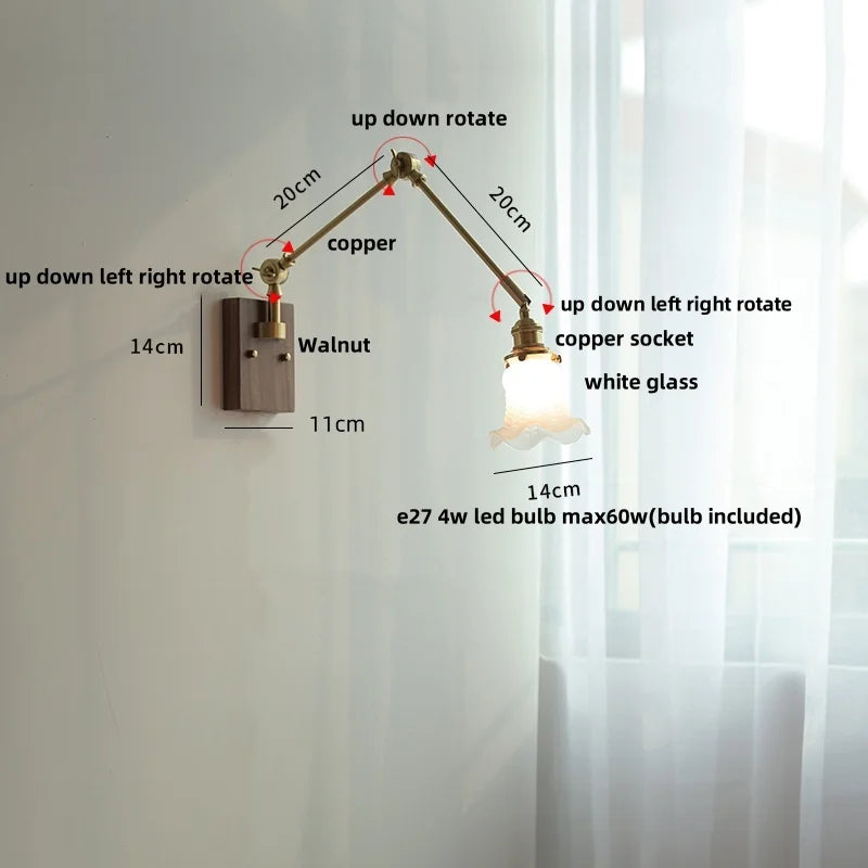 Afralia™ Yellow Glass LED Wall Sconce Walnut Wood Bedside Lamp