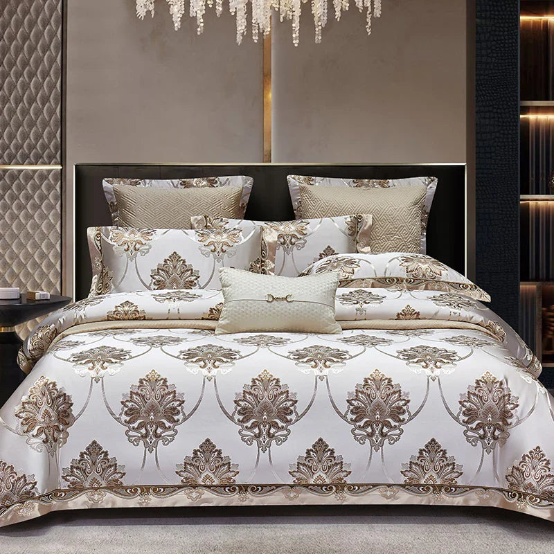 Afralia™ Silky Satin Jacquard Cotton Bedding Set, Luxury European Style, 4 or 6 Pcs