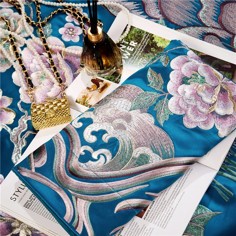 Afralia™ Peony Flowers Embroidery Bedding Set - Luxury Chinese Style - Duvet Cover & Sheets