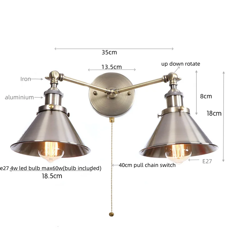 Afralia™ Loft Iron LED Wall Lamp 2 Heads Living Room Vintage Industrial Style Light