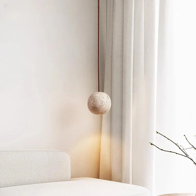 Afralia™ Wabi Sabi LED Pendant Lamp Yellow Travertine Stone Ball Hanging Light
