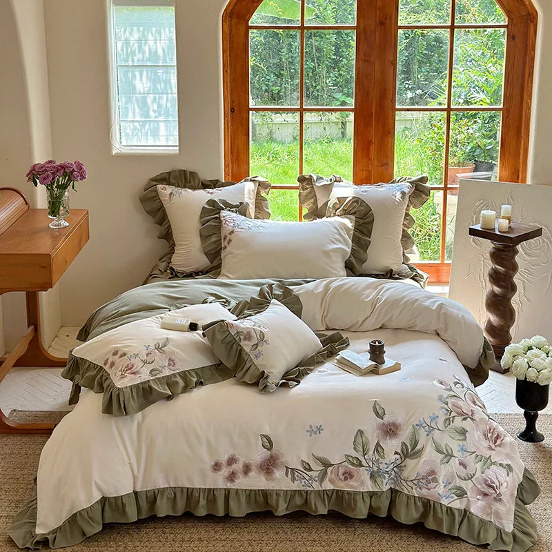 Afralia™ Luxury Flowers Embroidery Princess Bedding Set - 1000TC Egyptian Cotton