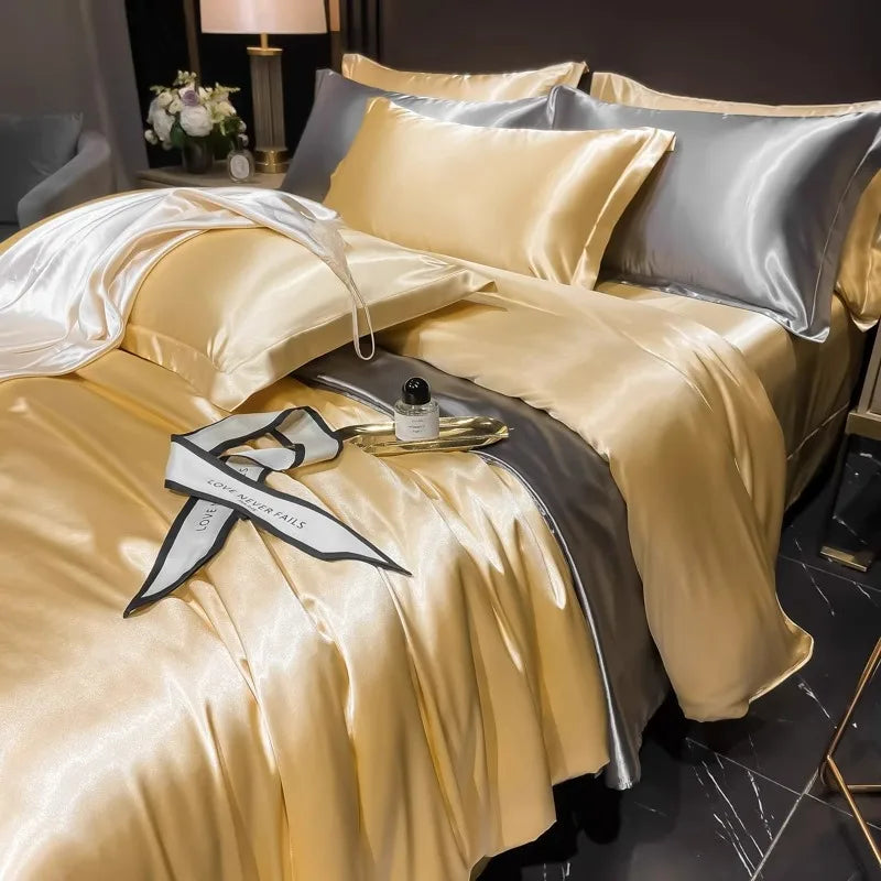Afralia™ Silk Bedding Set: Mulberry Silk Duvet Set with Fitted Sheet, King or Queen Size