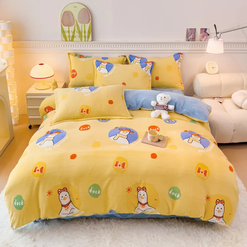 Afralia™ Winter Cartoon Crystal Velvet Bedding Set - Queen Size Warm Duvet Cover