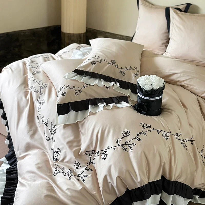Afralia™ Vintage French Rose Flower Embroidery Ruffles Bedding Set