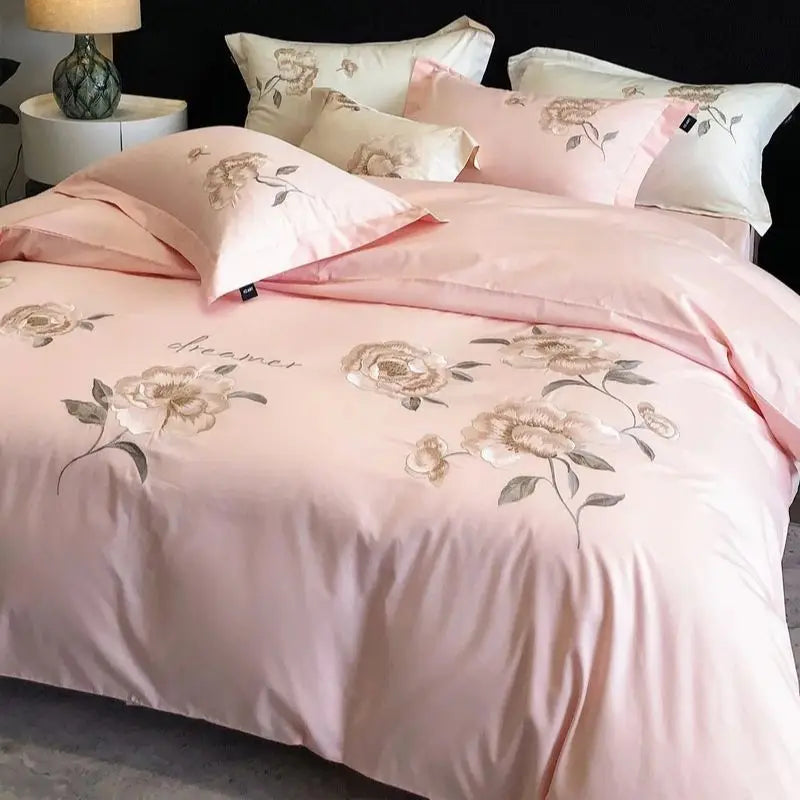 Afralia™ Flowers Embroidery Cotton Bedding Set Duvet Cover Flat Sheet Pillowcases 4Pcs