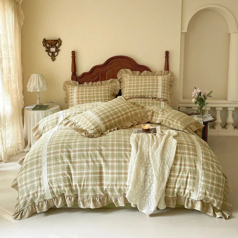 Afralia™ Plaid French Pastoral Cotton Bedding Set Full Queen King Size