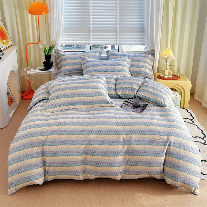 Afralia™ Cotton Stripe Comforter Cover Set for Single Double Bed - Autumn Winter
