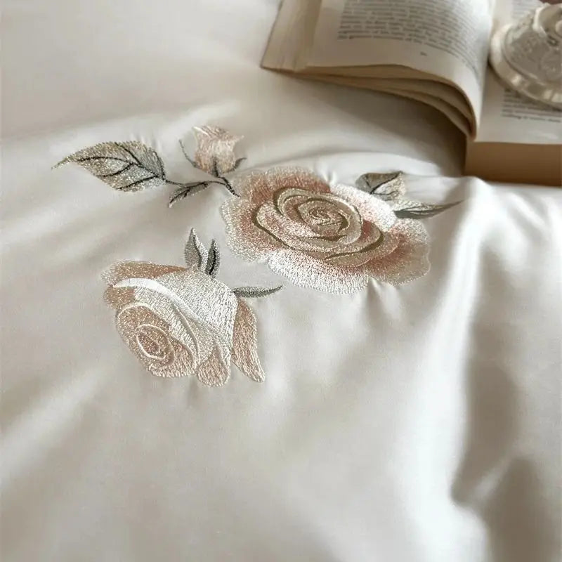 Afralia™ Rose Flowers Embroidery Lace Ruffles Wedding Bedding Set, 1000TC Egyptian Cotton