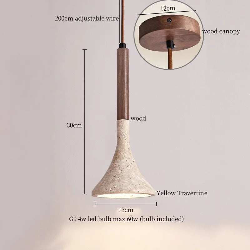 Afralia™ LED Pendant Lights Yellow Travertine Wood Hanging Lamp for Bedroom Dining Room