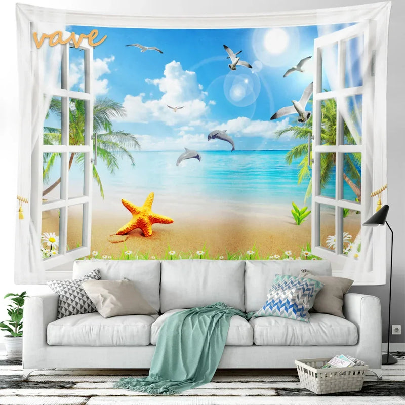 Scenic Sunset Palm Tree Tapestry by Afralia™ - Boho Beach Landscape Bedroom Decor