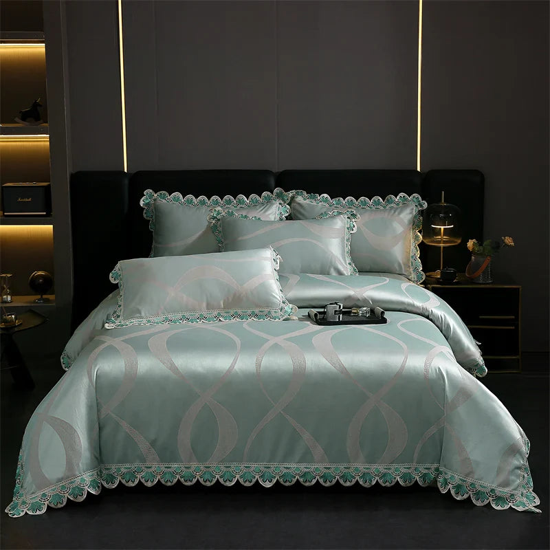 Afralia™ Golden Jacquard Cotton Lace Bedding Set - Silky Soft Duvet Cover, Flat Sheet, Pillowcase
