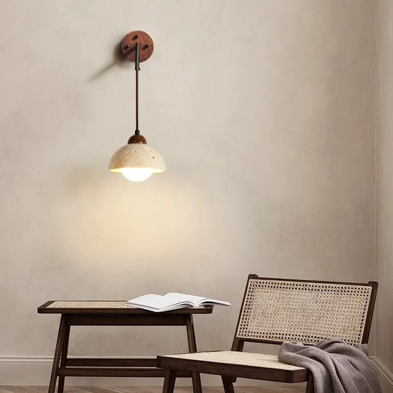Afralia™ Retro Style Stone Wall Lamp Yellow Wood Cream Vintage Hanging Light