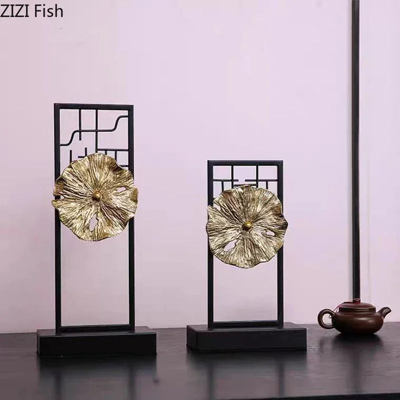 Afralia™ Golden Lotus Leaf Feng Shui Desk Ornament Alloy Sculpture