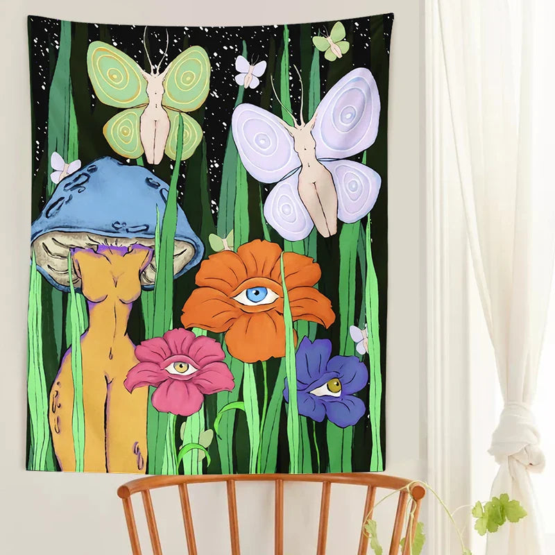 Afralia™ Psychedelic Mushroom Girl Botanical Floral Tapestry Wall Hanging