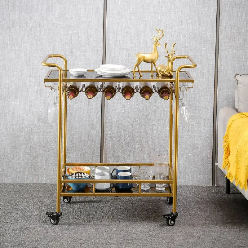 Afralia™ Drinks Trolley Wine Rack Bar Cart Glass Cup Holder Kitchen Dining Black Gold