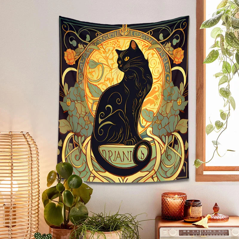 Afralia™ Black Cat Tapestry Wall Hanging Art Nouveau Floral Boho Decor