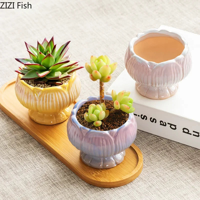 Afralia Lotus Flower Ceramic Vase: Small Plant Pots for Table Decoration and Room Aesthetic