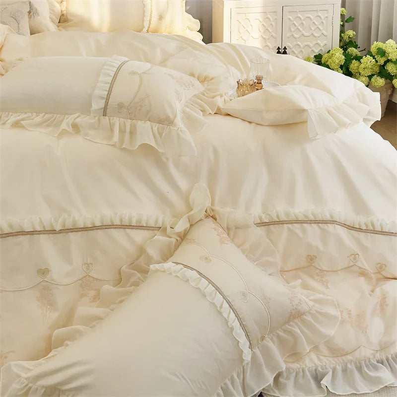 Afralia™ Elegant Heart Embroidery Lace Princess Wedding Bedding Set