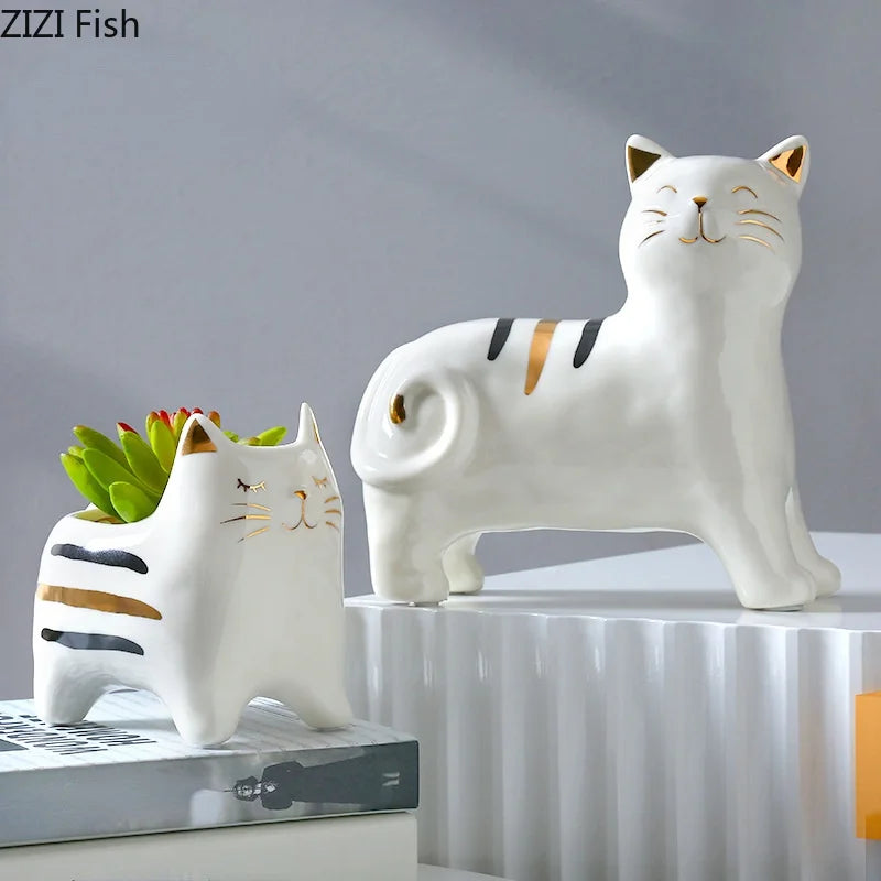 Afralia™ Cat Vase Porcelain Kitten Ornaments Flowerpot Handicrafts Home Decoration